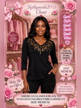 American Glamour Black Top with Gold Colored Embellishments Size Medium